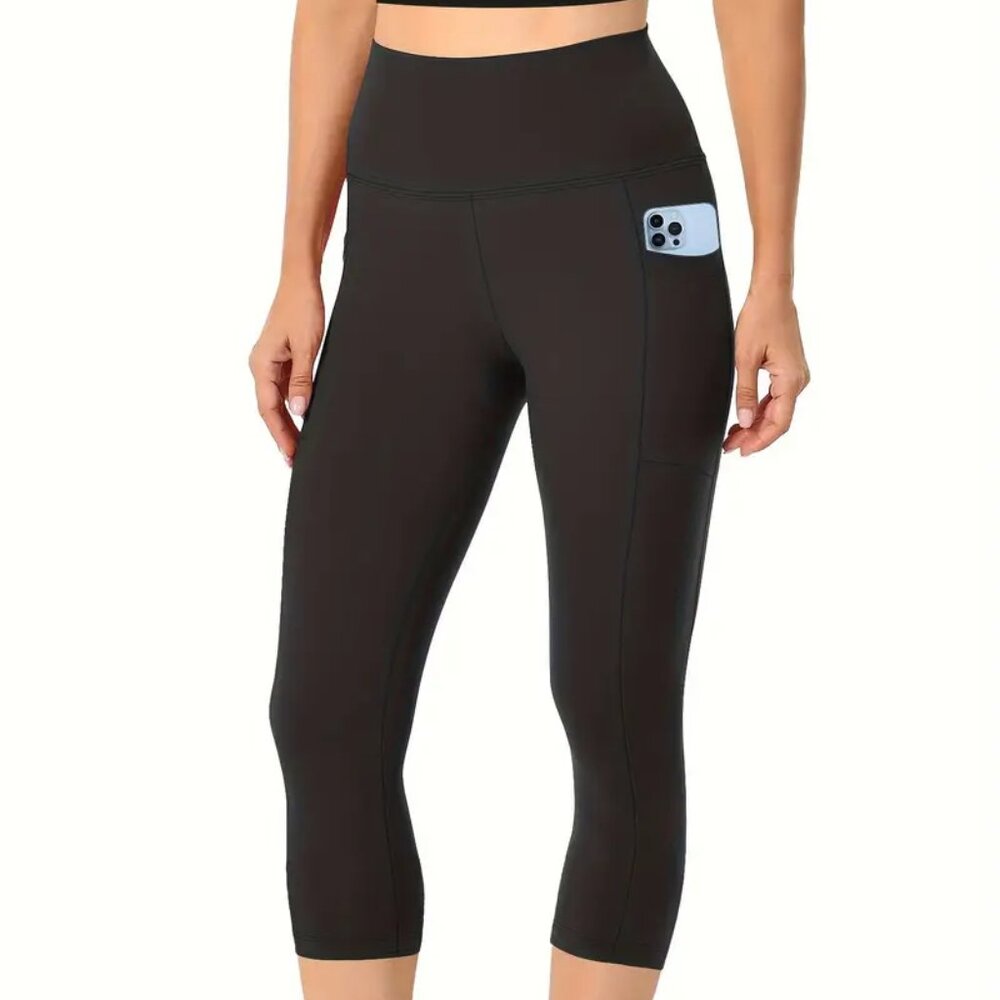 Women's Premium 240GSM Fabric Capri Leggings Phone Pockets Black XL
